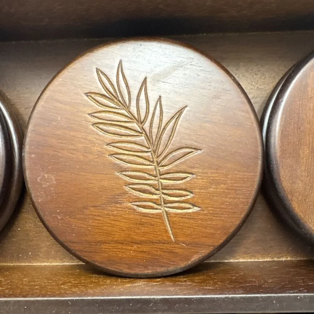 Carved Wooden leaf coasters and Napkin Rings Set of 6 each with display